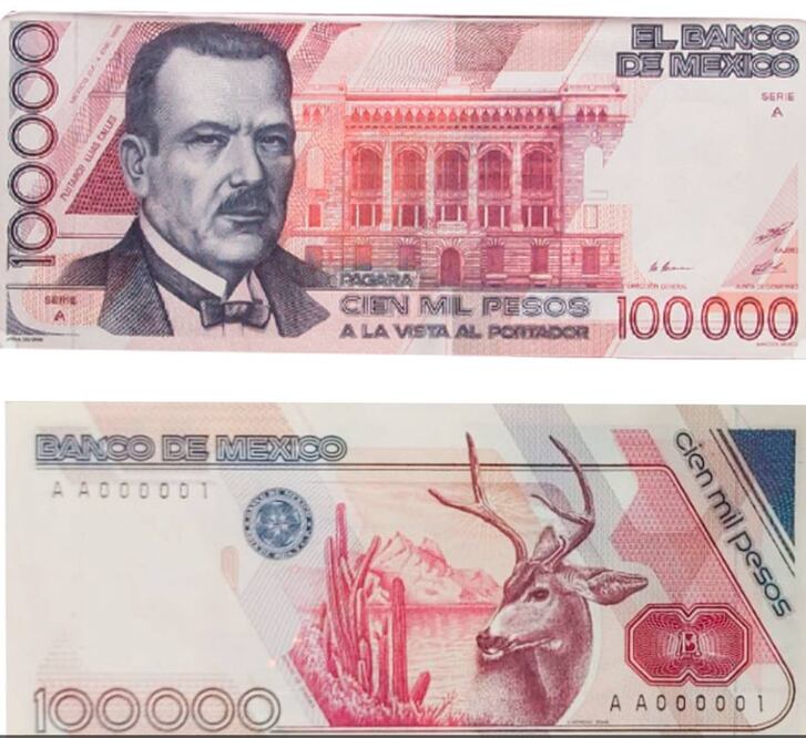 Un billete de 100 mil pesos circuló por México en los años 90 | Foto: Especial