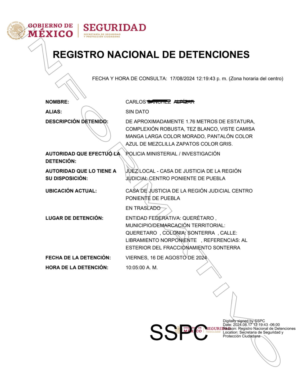 Aprehensión de Carlos N. / Registro Nacional de Detenciones