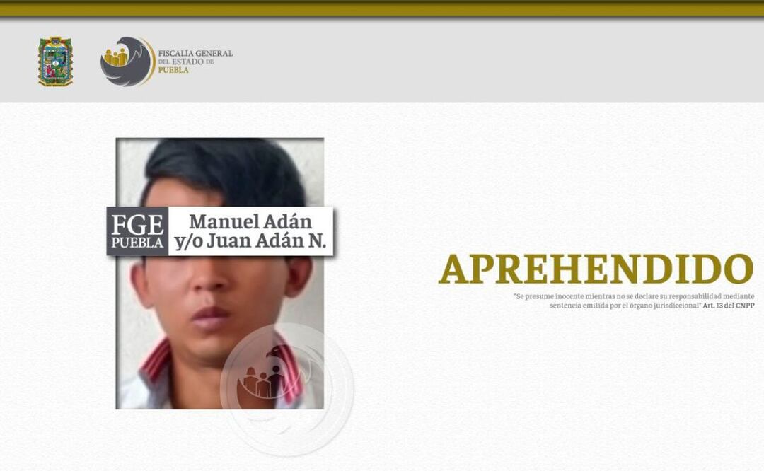 Manuel Adán N. y/o Juan Adán N. fue deteniendo en el Estado de México y trasladado a Puebla por presuntamente fingir el secuestro de su novia | Foto: Fiscalía General del Estado