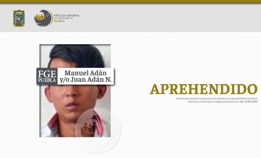 Manuel Adán N. y/o Juan Adán N. fue deteniendo en el Estado de México y trasladado a Puebla por presuntamente fingir el secuestro de su novia | Foto: Fiscalía General del Estado