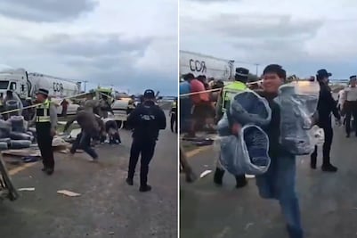 VIDEO Tráiler con jeans se vuelca en carretera México-Tulancingo y desata rapiña