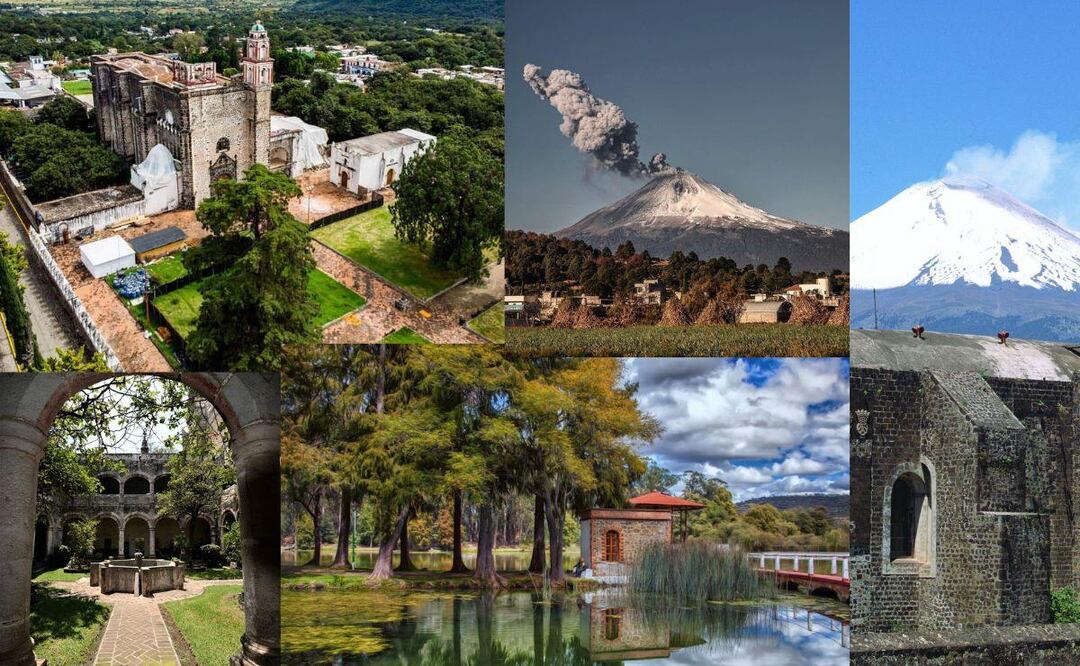 En las faldas del volcán Popocatépetl hay sitios con gran riqueza natural y turística | Foto: Collage -Facebook San Salvador el Verde /  X @Puebla/ Instituto Nacional de Antropología e Historia/ Instagram de @santiago_arau / Facebook Tochimilco