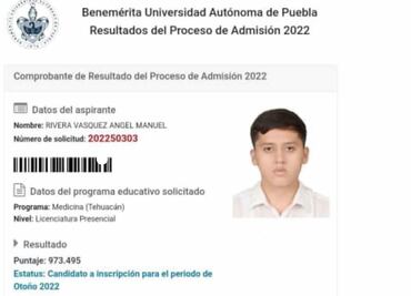 Estudiante de Tehuacán logra el puntaje más alto en examen de admisión de la BUAP