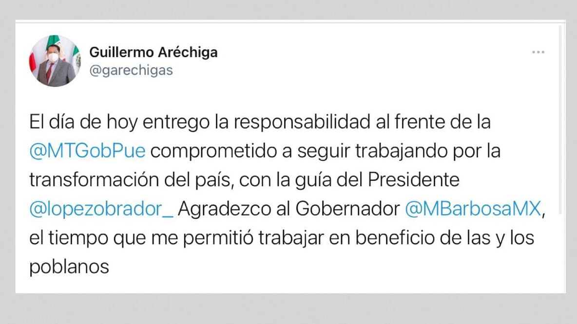 Renuncia secretario de Movilidad y Transporte en el estado de Puebla; lo sustituye Lorena Meza IMAGEN: Captura de Twitter