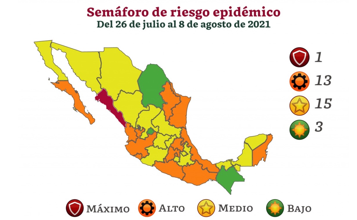Ssa actualiza semáforo epidemiológico; 15 estados en amarillo, 13 pasan a naranja y uno en rojo