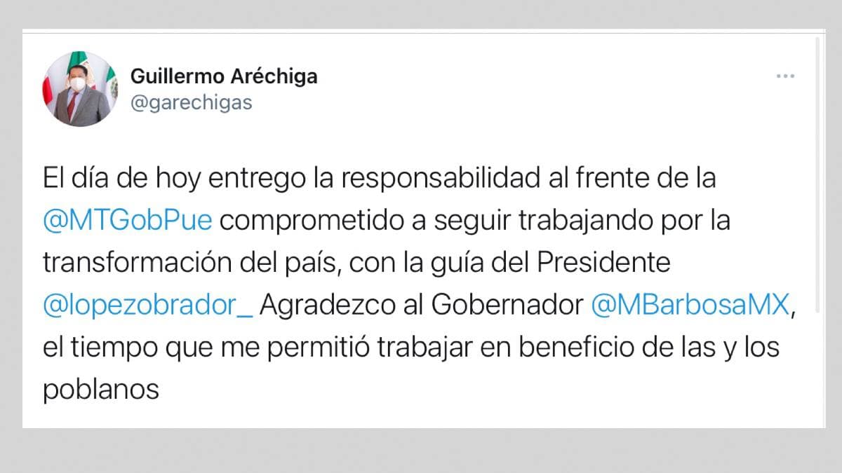 Renuncia secretario de Movilidad y Transporte en el estado de Puebla; lo sustituye Lorena Meza IMAGEN: Captura de Twitter