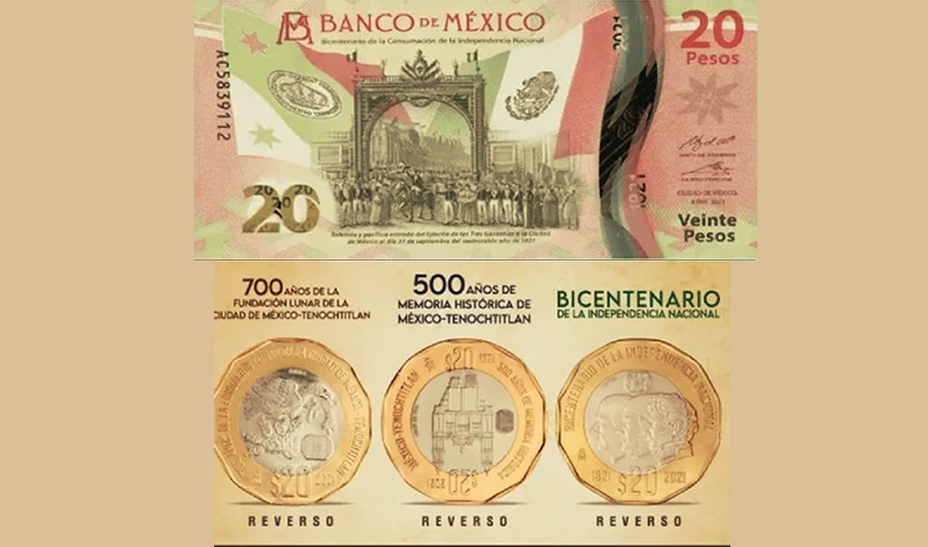 Nuevos billete y monedas de 20 pesos